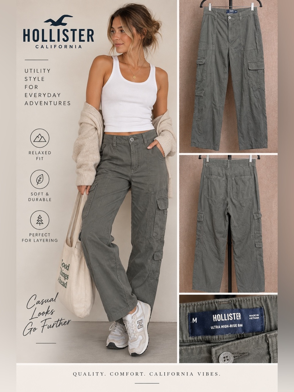 Hollister Ultra High-Rise Baggy Cargo Pants Gray Green Size M Utility Y2K